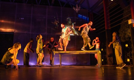 Bhenji Ra, Emmanuel James Brown, Miranda Wheen, Zachary Lopez, Chandler Connell, Feras Shaheen, Issa el Assaad, Luke Currie-Richardson and Ses Bero in 'Jurrungu Ngan-ga', Marrugeku. Photo by Abby Murray.