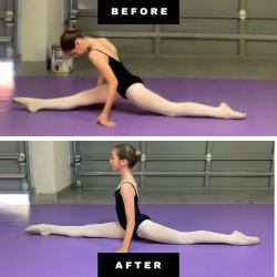 A before and after of student Ava Aquino's front split. Photo courtesy of Zac Jones.