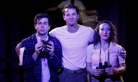 Ainsley Melham, Andrew Coshan and Elise McCann in 'Merrily We Roll Along'. Photo by Phil Erbacher.