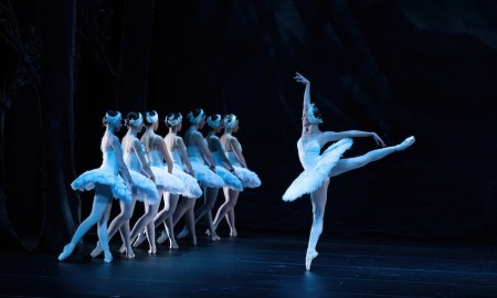 Kateryna Chebykina as Odette and the Corps de Ballet of The United Ukrainian Ballet in 'Swan Lake'. Photo by Ben Vella.