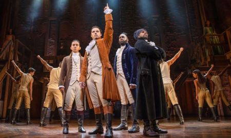 Marty Alix, Jason Arrow, Victory Ndukwe and Shaka Cook in 'Hamilton'. Photo by Daniel Boud.