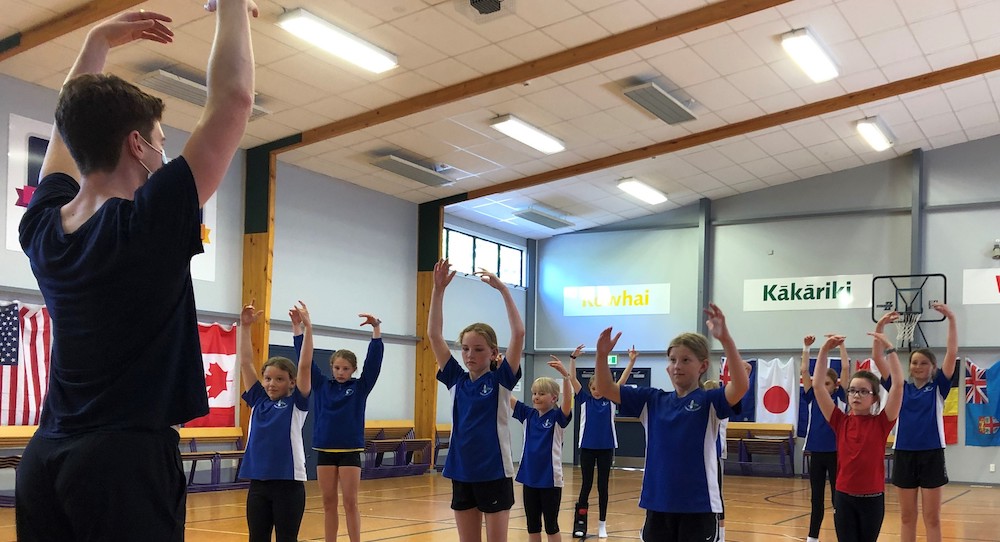 Students of Prebbleton School enjoying a Dance Workshop with Jamie Delmonte. Photo courtesy of RNZB.